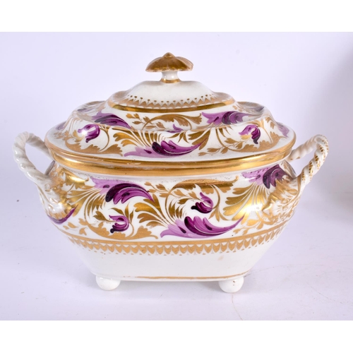 217 - 19th century Derby tureen and cover, a plate and a saucer dish painted with purple scrolls, red mark... 