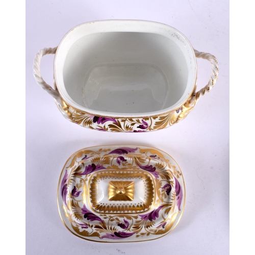 217 - 19th century Derby tureen and cover, a plate and a saucer dish painted with purple scrolls, red mark... 