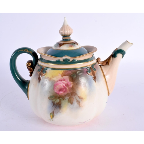 231 - Hadley Worcester rare teapot and cover painted with roses, green mark 1890s. 14cm High