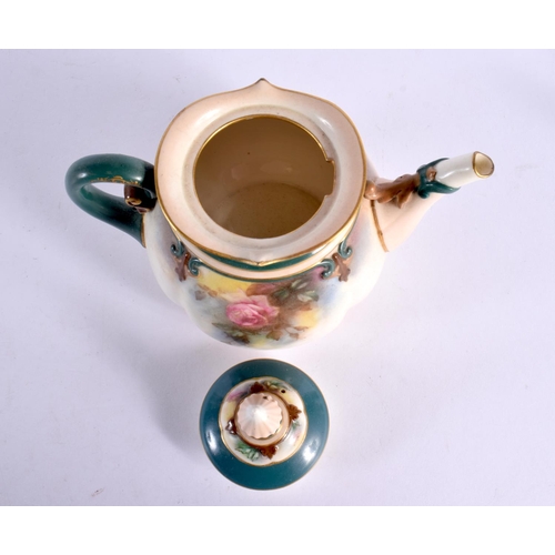 231 - Hadley Worcester rare teapot and cover painted with roses, green mark 1890s. 14cm High