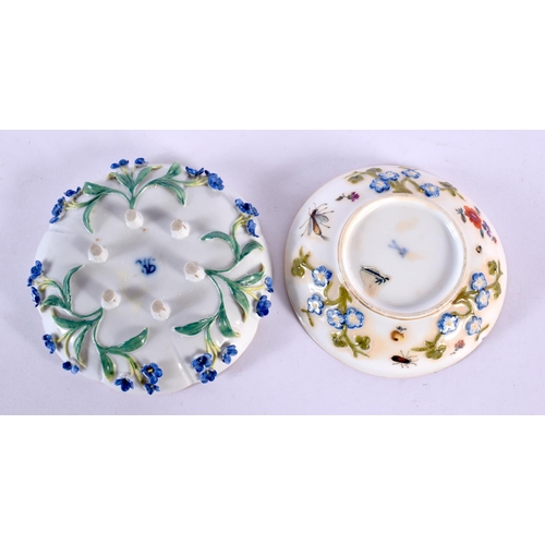 233 - 19th century Meissen miniature teabowl and saucer with embossed flowers, saucer painted with a chick... 