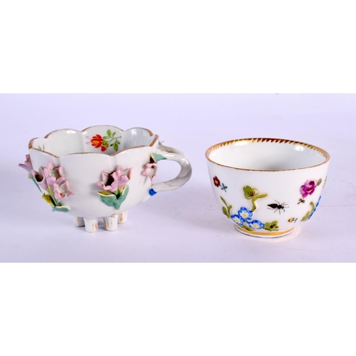 233 - 19th century Meissen miniature teabowl and saucer with embossed flowers, saucer painted with a chick... 