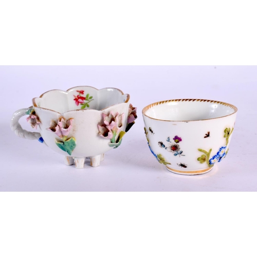 233 - 19th century Meissen miniature teabowl and saucer with embossed flowers, saucer painted with a chick... 