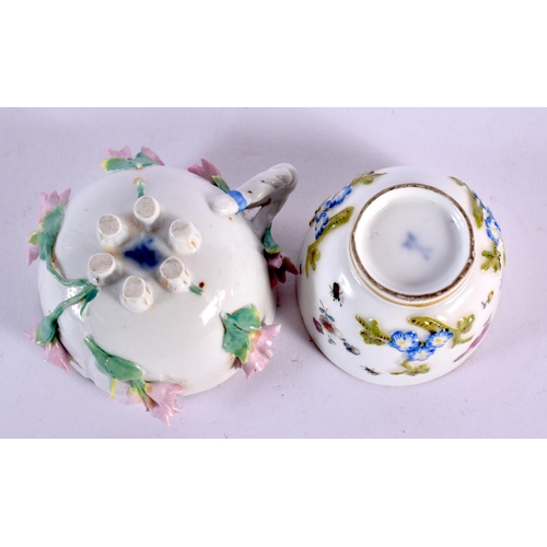 233 - 19th century Meissen miniature teabowl and saucer with embossed flowers, saucer painted with a chick... 