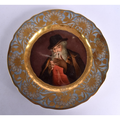 249 - 19th century French plate painted with an old man smoking a pipe titled Raucher, an Austrian pottery... 