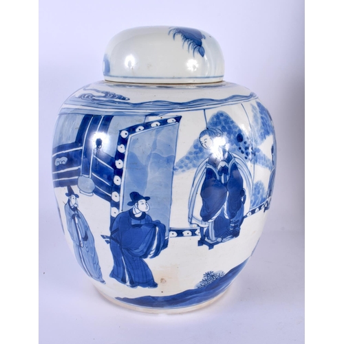 250 - A FINE LARGE 17TH/18TH CENTURY CHINESE BLUE AND WHITE GINGER JAR AND COVER Kangxi, painted with figu... 