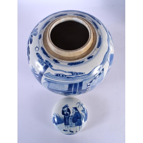 250 - A FINE LARGE 17TH/18TH CENTURY CHINESE BLUE AND WHITE GINGER JAR AND COVER Kangxi, painted with figu... 