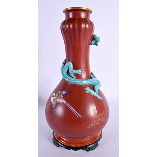 258 - A VERY RARE ANTIQUE AESTHETIC MOVEMENT WEDGWOOD BULBOUS VASE modelled in the Chinese style, overlaid... 