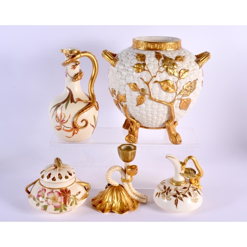 26 - A RARE 19TH CENTURY ROYAL WORCESTER BLUSH IVORY PORCELAIN DRAGON JUG together with a bird head jug, ... 