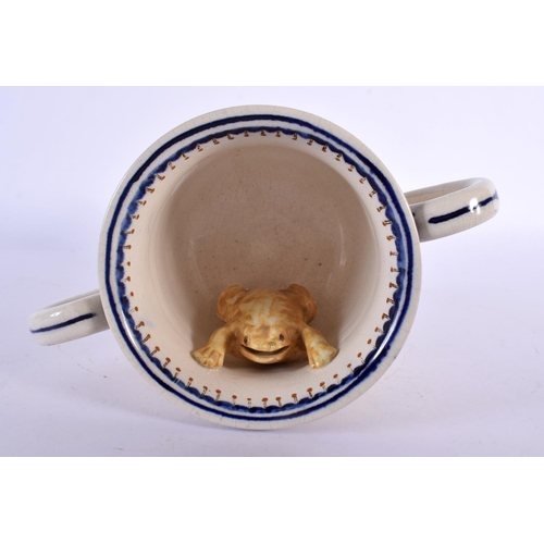 271 - A CHARMING EARLY 19TH CENTURY ENGLISH TWIN HANDLED FROG MUG depicting Peter Bates. 18 cm wide.