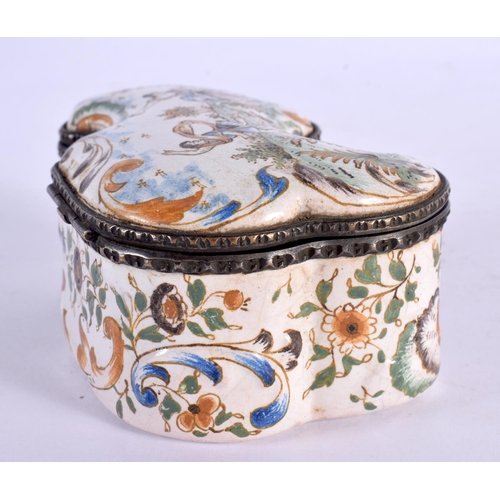 283 - AN 18TH/19TH CENTURY FRENCH FAIENCE TIN GLAZED BOX painted with figures dancing. 9 cm x 6.5 cm.