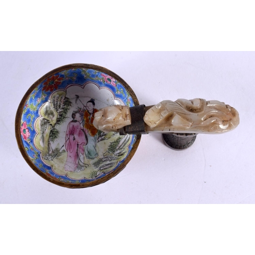 285 - AN 18TH/19TH CENTURY CHINESE CANTON ENAMEL AND JADE LIBATION CUP Qianlong/Jiaqing. 12.5 cm wide.