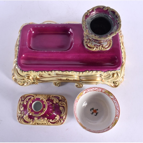 289 - A LARGE EARLY 19TH CENTURY ENGLISH POTTERY INKWELL possibly Rockingham, together with an 18th centur... 