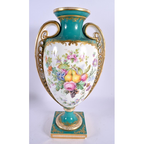 290C - A LARGE 19TH CENTURY ENGLISH TWIN HANDLED PORCELAIN VASE painted with fowl within landscapes, upon a... 