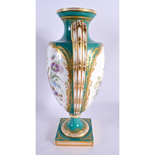 290C - A LARGE 19TH CENTURY ENGLISH TWIN HANDLED PORCELAIN VASE painted with fowl within landscapes, upon a... 