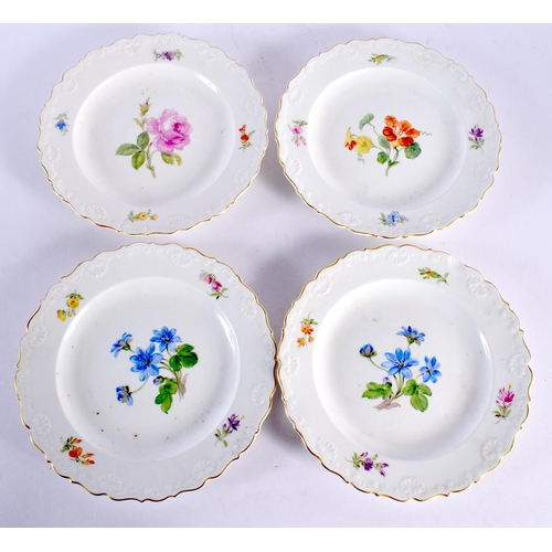 290A - FOUR GERMAN MEISSEN PORCELAIN PLATES painted with flowers. 17.5 cm wide. (4)