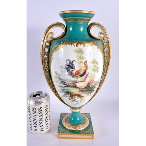 290C - A LARGE 19TH CENTURY ENGLISH TWIN HANDLED PORCELAIN VASE painted with fowl within landscapes, upon a... 