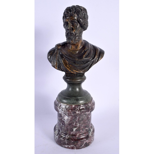 291B - A 19TH CENTURY EUROPEAN GRAND TOUR BRONZE BUST OF AN EMPEROR modelled upon a marble base. 24 cm high... 