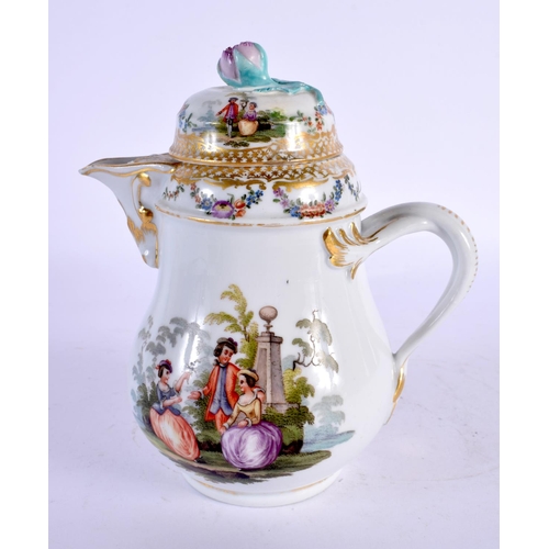 292E - AN ANTIQUE GERMAN MEISSEN PORCELAIN JUG AND COVER painted with figures in landscapes. 15 cm x 9 cm.