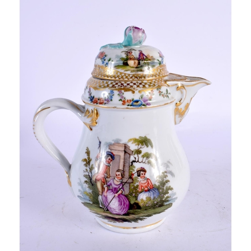 292E - AN ANTIQUE GERMAN MEISSEN PORCELAIN JUG AND COVER painted with figures in landscapes. 15 cm x 9 cm.