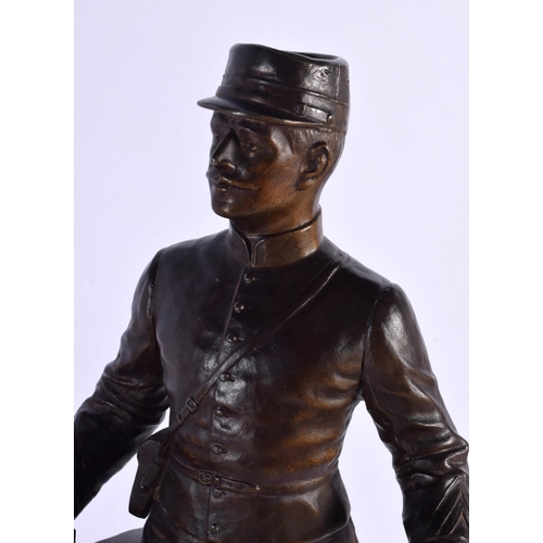 293C - A RARE LARGE 19TH CENTURY EUROPEAN SPELTER FIGURE OF A MILITARY MALE modelled standing beside a fiel... 