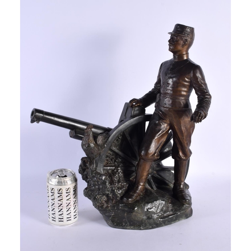 293C - A RARE LARGE 19TH CENTURY EUROPEAN SPELTER FIGURE OF A MILITARY MALE modelled standing beside a fiel... 