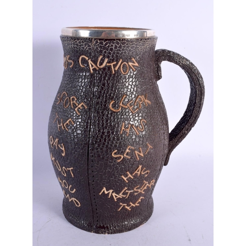 294C - A CHARMING ANTIQUE DOULTON SILVER MOUNTED SLATERS PATENT LEATHER WRAPPED JUG. 22.5 cm high.