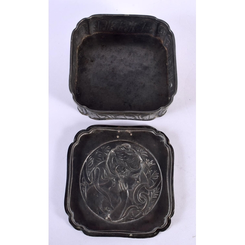 295C - AN ART NOUVEAU EUROPEAN PEWTER BOX AND COVER decorated with a maiden. 13 cm square.