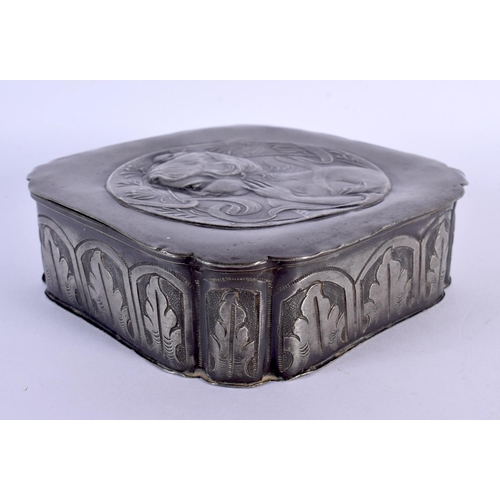 295C - AN ART NOUVEAU EUROPEAN PEWTER BOX AND COVER decorated with a maiden. 13 cm square.