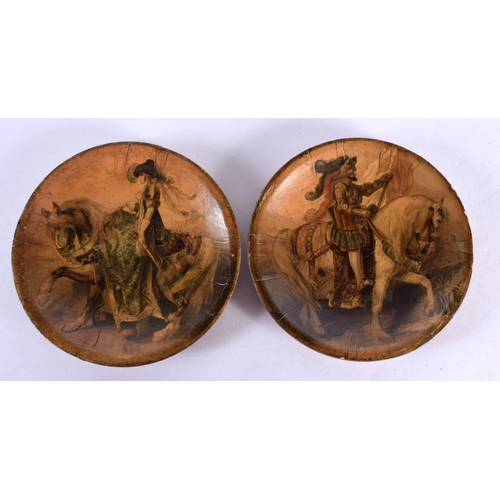 298A - A RARE PAIR OF VICTORIAN COUNTRY HOUSE LACQUERED DISHES painted with figures on horseback. 15 cm dia... 