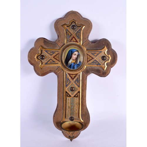 299C - A 19TH CENTURY FRENCH CHAMPLEVE ENAMEL AND PORCELAIN CRUCIFIX. 30 cm x 15 cm.