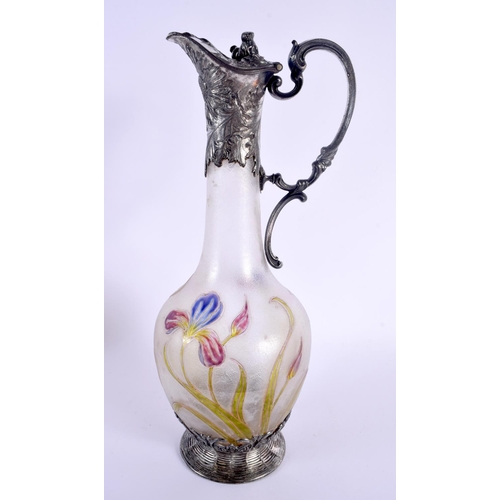 300 - A RARE ART NOUVEAU WMF ENAMELLED FROSTY GLASS EWER decorated with organic scrolling foliage. 32 cm h... 