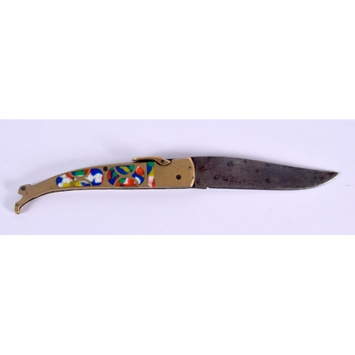 301 - A RARE M YOSUE RAMPUR CLICKING ENAMELLED LADIES FOOT KNIFE. 20 cm long extended.