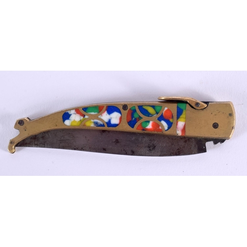 301 - A RARE M YOSUE RAMPUR CLICKING ENAMELLED LADIES FOOT KNIFE. 20 cm long extended.