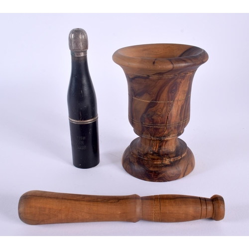 308 - A CHARMING TREEN PESTLE AND MORTAR together with a Franco Paris Exhibition 1908 stanhope champagne b... 