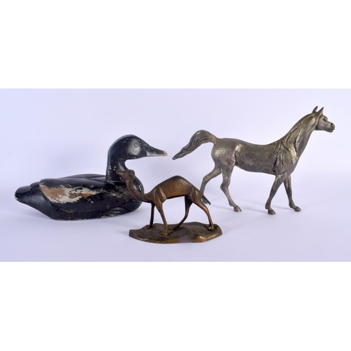 313 - AN ART DECO EUROPEAN BRONZE FIGURE OF A CAMEL together with a similar horse & a duck decoy. Largest ... 