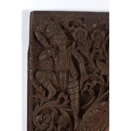 320 - AN EARLY 20TH CENTURY INDO THAI CARVED WOOD BURMESE TYPE MIRROR decorated with beasts and hunters. 5... 