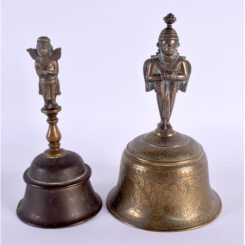 336 - A 17TH/18TH CENTURY INDIAN BRONZE FIGURAL BELL together with a 19th century engraved bronze bell. La... 