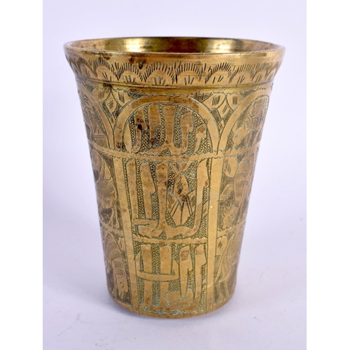 343 - A 19TH CENTURY MIDDLE EASTERN ISLAMIC BRONZE BEAKER decorated with script and animals. 10 cm x 7.5 c... 