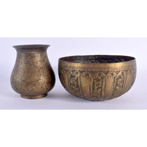 346 - A 19TH CENTURY INDIAN BRONZE VESSEL together with an earlier censer. Largest 14 cm diameter. (2)