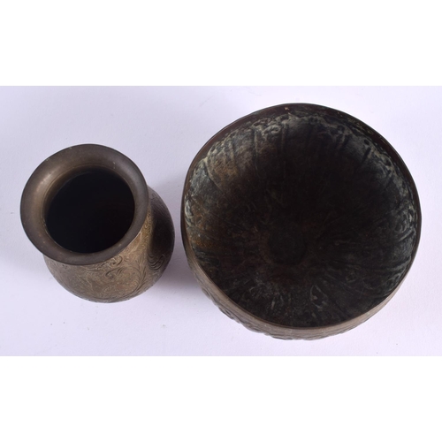 346 - A 19TH CENTURY INDIAN BRONZE VESSEL together with an earlier censer. Largest 14 cm diameter. (2)