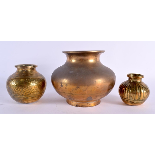 348 - THREE 19TH CENTURY INDIAN BRONZE WATER POTS two with engraved decoration. Largest 15 cm wide. (3)