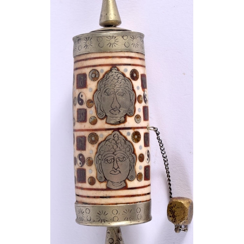 358 - AN UNUSUAL 19TH CENTURY INDIAN BONE INLAID PRAYER WHEEL depicting portraits and motifs. 24 cm long.