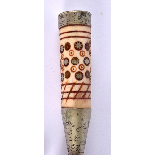 358 - AN UNUSUAL 19TH CENTURY INDIAN BONE INLAID PRAYER WHEEL depicting portraits and motifs. 24 cm long.