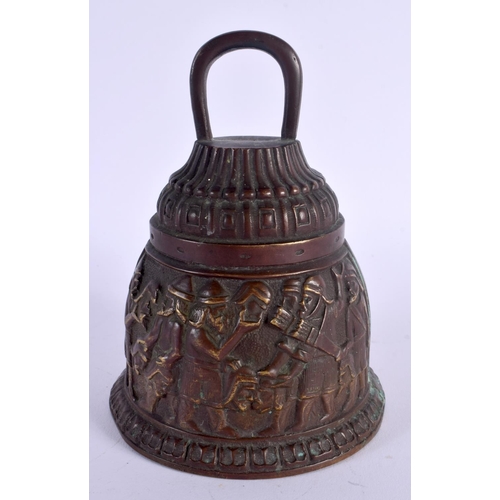 362 - AN UNUSUAL 18TH/19TH CENTURY EUROPEAN BRONZE BELL formed with figures carrying severed heads. 18 cm ... 