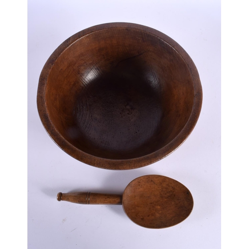 374 - A CHARMING TREEN CARVED WOOD BUTTER PAT with spoon. Bowl 22 cm wide. (2)