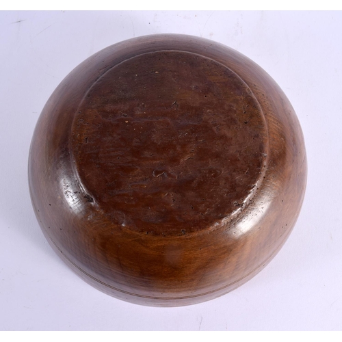 374 - A CHARMING TREEN CARVED WOOD BUTTER PAT with spoon. Bowl 22 cm wide. (2)