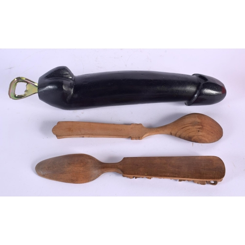 376 - AN UNUSUAL VINTAGE CARVED WOOD PHALLIC BOTTLE OPENER of rather large proportions, together with a pa... 