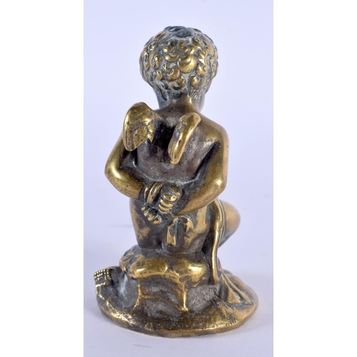 378 - A 19TH CENTURY EUROPEAN BRONZE FIGURE OF A SEATED PUTTI modelled with hands tied. 9 cm x 4 cm.