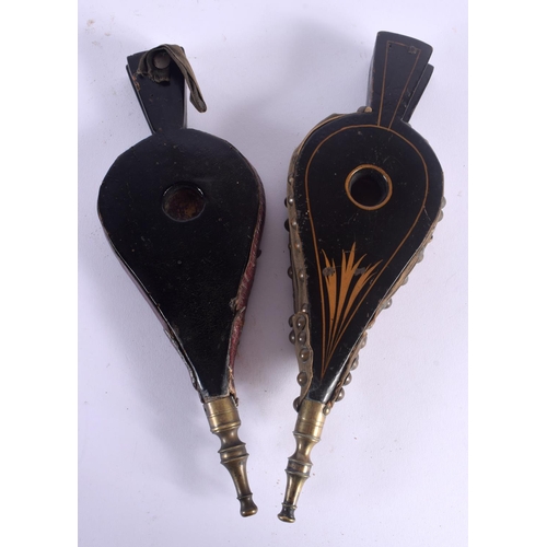 388 - TWO 19TH CENTURY ENGLISH COUNTRY HOUSE MINIATURE BELLOWS. Largest 29 cm long. (2)